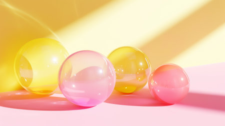 Aesthetic pink and yellow background with spheres of different sizes. Sun rays. Trendy product concept. Generative AI.の素材