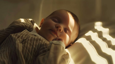 Aesthetic portrait of a newborn caucasian baby smiling while sleeping. Light colors, sunlight and shadows. Generative AI.の素材