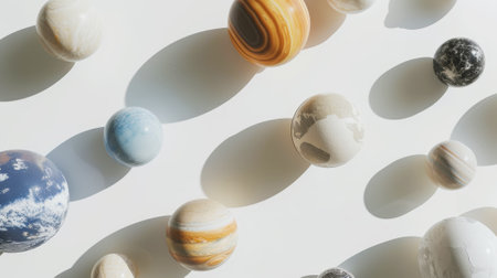 Aesthetic flat lay realistic planet models. Light background. Space and galactic education concept. Generative AI.の素材