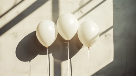 Aesthetic light background with three white balloons. Greeting anniversary card concept. Copy space. Generative AI.の素材
