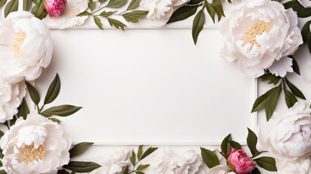 Aesthetic frame mockup decorated with tender light peonies. Invitation or greeting concept Layout. Generative AI.の素材