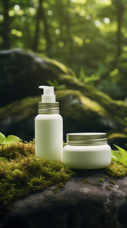 Cosmetic bottles on the stone with moss with a blurred forest backdrop.Natural organic cosmetic mock up. Generative AIの素材