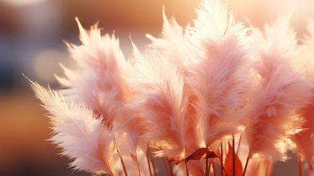 Close up of pampas grass plumes soft and fluffy on a field with sunshine. Generative AI.の素材
