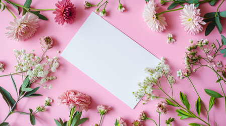 Elegant paper card layout with spring flowers on pink background. Girish greeting card design concept. Generative AI.の素材