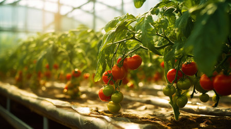 Ripe red tomatoes cluster in greenhouse. Vegetable on organic farm concept. Generative AI.の素材