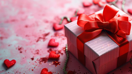 Elegant gift box with red ribbon. Girly pink background with hearts. Romantic gifts concept. Generative AI.の素材