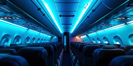 Interior empty cabin of a passenger civil aircraft, illuminated at night. Generative AI.の素材