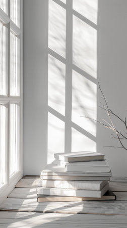 Aesthetic minimalist stack of books in front of a window in a library. Light color palette. Sun rays. Generative AI.の素材