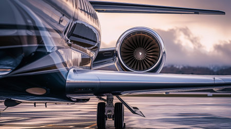 Close-up of turbine engine of a private luxury jet aircraft on the runway. Luxury travel concept. Generative AI.の素材