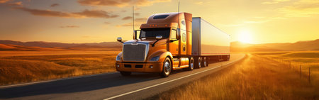 Panoramic view on large truck on a highway road through the countryside in a beautiful sunrise. Generative AI.の素材