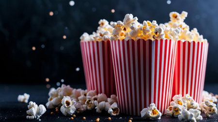Delicious popcorn pouring out of two red striped boxes on dark background. Copy space. Cinema concept. Generative AI.の素材