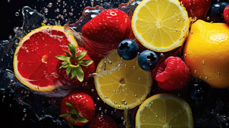Variety of fresh juicy tropical fruits background. Splash of vitamins. Healthy and tasty diet. Generative AI.の素材