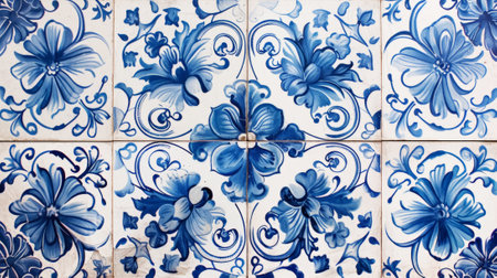 Vintage traditional tile background. Blue azulejos floral pattern. Generative AI.の素材