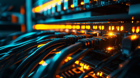 Abstract view of various IT data cables inside a computer conveying information. Dark color palette. Generative AI.の素材