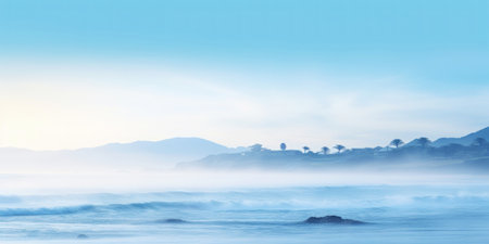 Serene ocean coastline with white mist. Tranquil landscape. Generative AI.の素材
