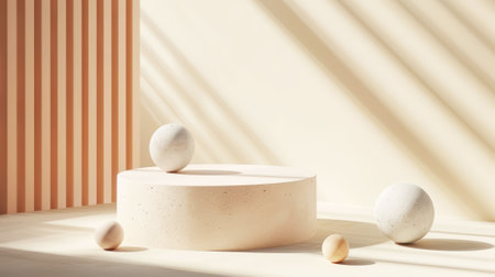 Aesthetic white and beige podium with pastel matte spheres of different sizes. Sun rays. Luxury concept. Generative AI.の素材