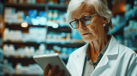 Senior Caucasian female pharmacist uses tablet against the pharmacy background . Health insurance concept. Generative AI.の素材
