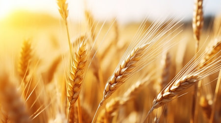 Close up of ripe golden wheat ears, field of wheat in a summer day, sun flare. Harvesting period. Generative AI.の素材