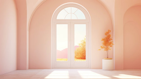 Peach fizz colored interior, empty room with door, lots of sunlight. Minimalistic contemporary concept. Generative AI.の素材