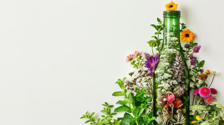 Variety of medicinal herbs and flowers in a bottle. Alternative herbal medicine. Homeopathic concept. Generative AI.の素材