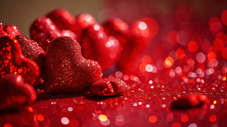 Close up of red glitter hearts on sparkling background. Copy space. Valentines Day. Romantic Concept. Generative AI.の素材