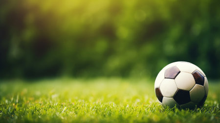 Football ball on green background, top view. Copy space. Sport advertising concept. Generative AI.の素材