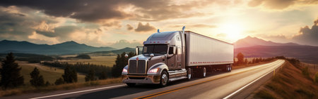 Panoramic view on large truck on a highway road through the countryside in a beautiful sunrise. Generative AI.の素材
