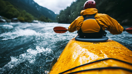 Man in kayak with paddle. Back view. Splashes of water of mountain river. Extreme kayak sport concept. Generative AI.の素材