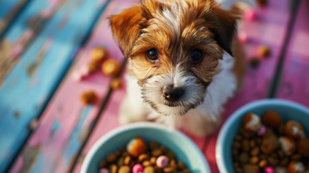 Little cute dog maltipoo feeds from a bowl. Direct look of the dog. Light blue and pink color palette. Generative AI.の素材