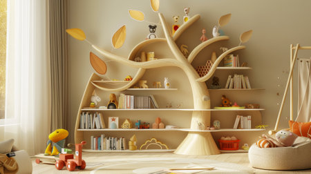 Children's interior with tree-shaped bookshelves. Storage concept. Pastel beige colors. Generative AI.の素材