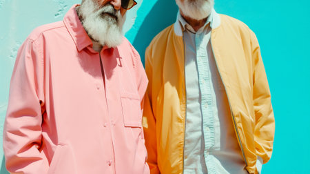 Two stylish older men dressed in bright street funky clothes, modern sunglasses on a bright pastel wall. Generative AIの素材