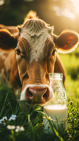 A well-groomed cow on a green meadow on a sunny day. Organic dairy products concept. Agricultural landscape. Generative AI.の素材
