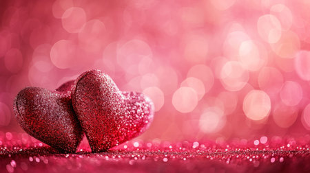 Two sparkling glitter hearts against blurred pink background. Valentine's day. Copy space. Romantic concept. Generative AI.の素材