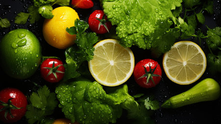 Fresh organic vegetables and herbs background. Healthy Mediterranean diet. Dark background. Holistic nutrition concept. Generative AI.の素材