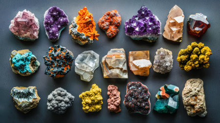 Top view of a large geological collection of semi-precious stones, stones and minerals. Dark background. Generative AI.の素材
