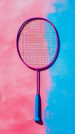 Top view of badminton racket against hot pink and blue backdrop. Sport concept. Generative AI.の素材