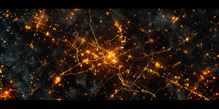 Big city lights view from space. Planet earth globe with night realistic world map. Communication concept. Generative AI.の素材