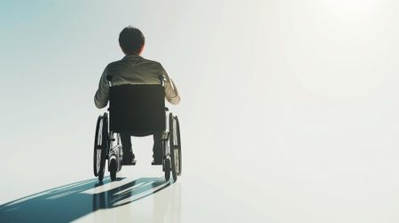 Young disabled man in a wheelchair. Back view. Light background with shadows. Inclusive concept. Generative AI.の素材