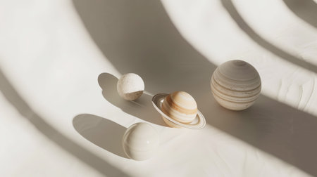 Aesthetic flat lay realistic planet models. Light background. Space and galactic education concept. Generative AI.の素材