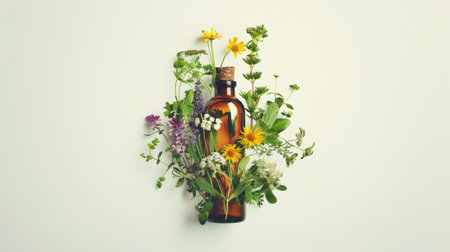 Variety of medicinal herbs and flowers in a bottle. Alternative herbal medicine. Homeopathic concept. Generative AI.の素材