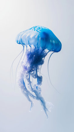 Aesthetic light blue jellyfish floating against light backdrop. Ocean ecosystem concept. Generative AI.の素材