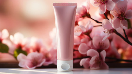 Close up of cream tube mock-up, pink color palette, Sakura flowers. Layout for cosmetics. Copy space. Generative AI.の素材