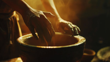 Close-up of a potter's hands making a ceramic vase on a potter's wheel. Pottery workshop with clay. Generative AI.の素材