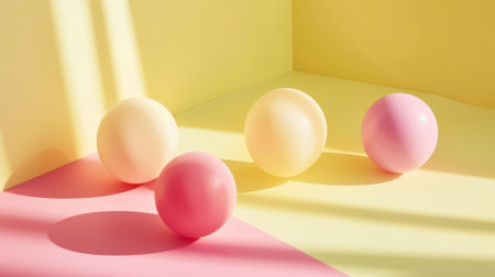 Aesthetic pink and yellow background with spheres of different sizes. Sun rays. Trendy product concept. Generative AI.の素材