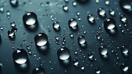 Closeup of water drops sliding on wet surface. Dark black background. Generative AI.の素材