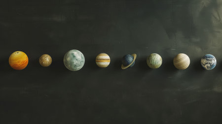 Aesthetic flat lay realistic planet models. Black background. Space and galactic education concept. Generative AI.の素材