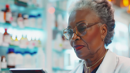 Senior American African female pharmacist using tablet in drug store. Healthcare insurance concept. Generative AI.の素材
