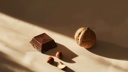 Peeled walnuts and delicious piece of dark chocolate on aesthetic dark brown background. Chocolate ad. Generative AI.の素材