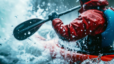 Man in kayak with paddle. Back view. Splashes of water of mountain river. Extreme kayak sport concept. Generative AI.の素材