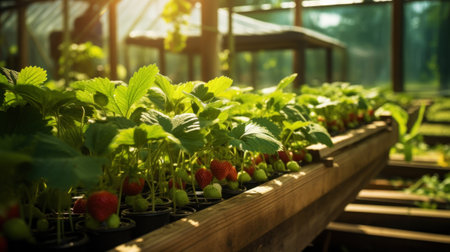 Rows of fresh strawberries grown in greenhouses. Organic agriculture concept. Generative AI.の素材